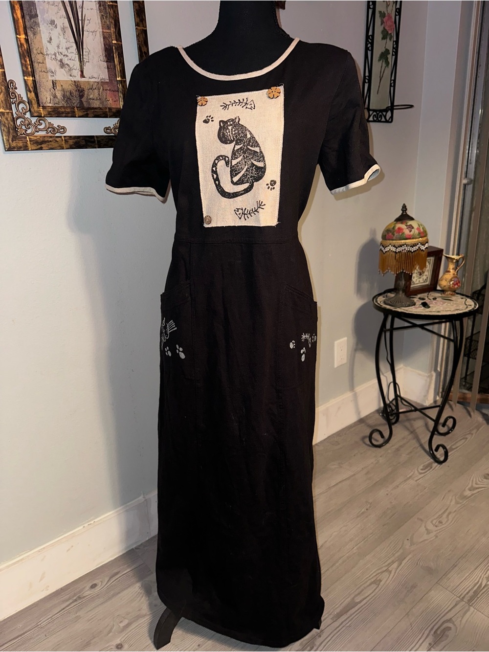 Vtg 90s Piccalino Petites Black Cat Embroidered Print Short-Sleeve Maxi Dress 8P